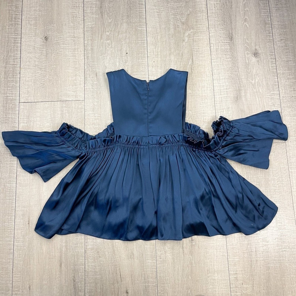 Jill Stuart Satin Top Womens XS Blue Cropped Off Shoulder Pleated Ruffle - Picture 11 of 16